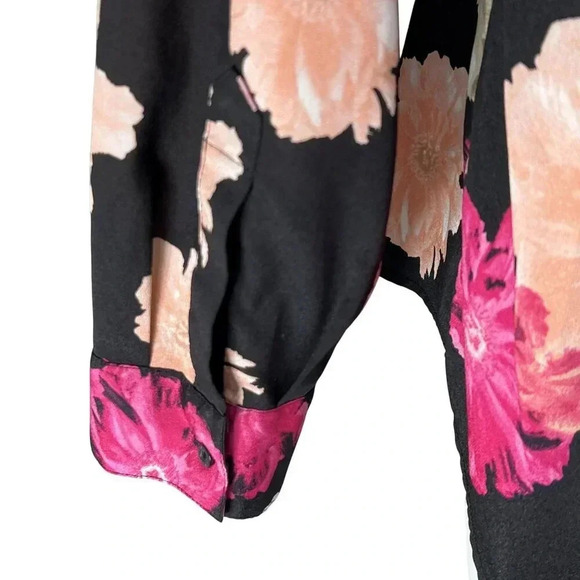 Calvin Klein Women L Black Pink Floral Button-Up Blouse Long Roll Tab Sleeve Top - Picture 8 of 16